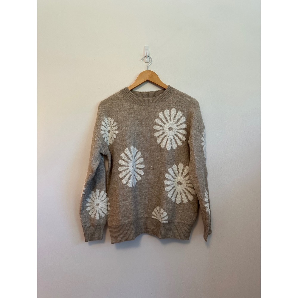 &merci Tan Round Flower Pullover Sweater | Size Small